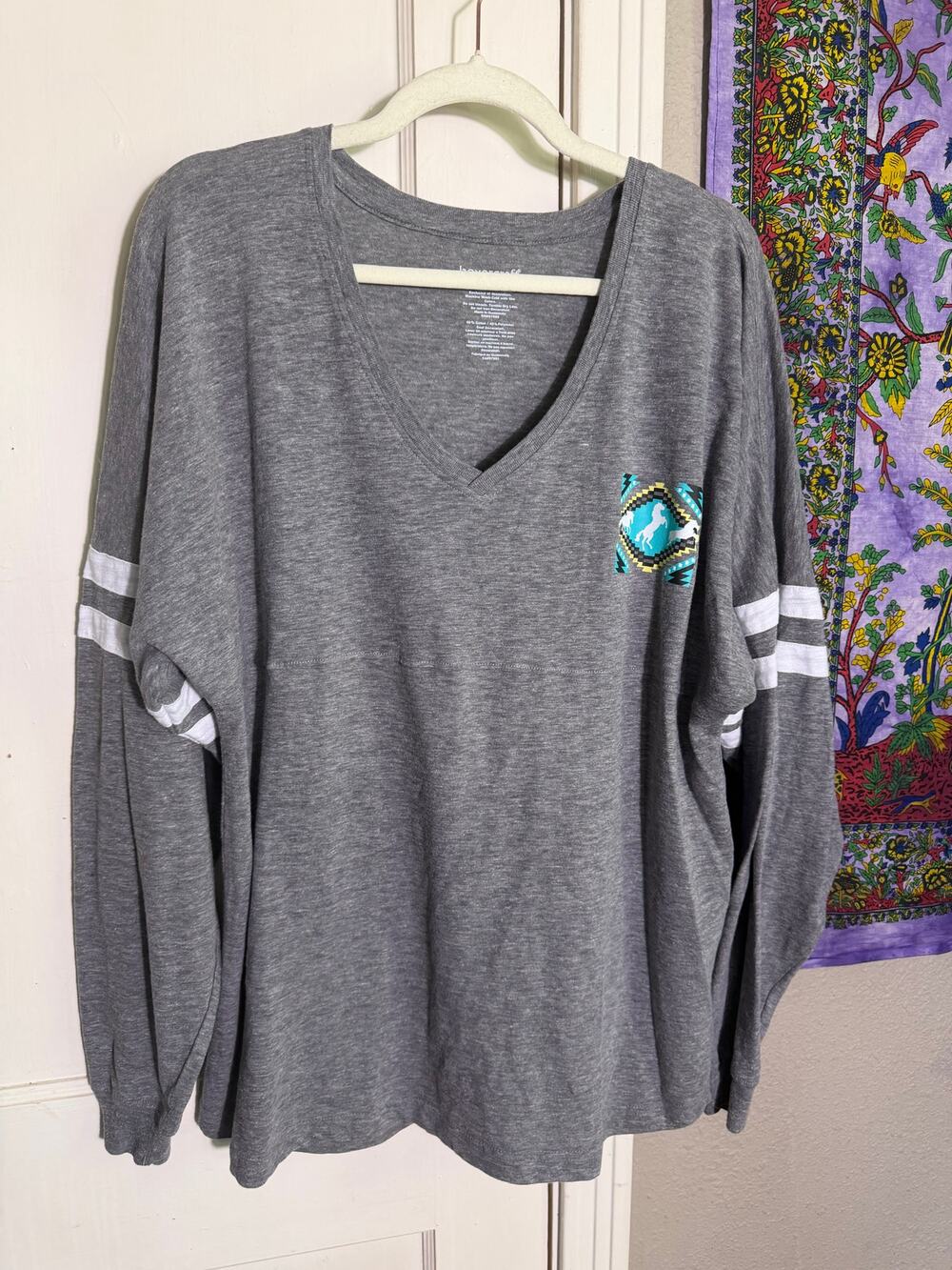 Boxercraft Womens L Gray Horse Southwestern Oversized V Neck Spirit Jersey Top